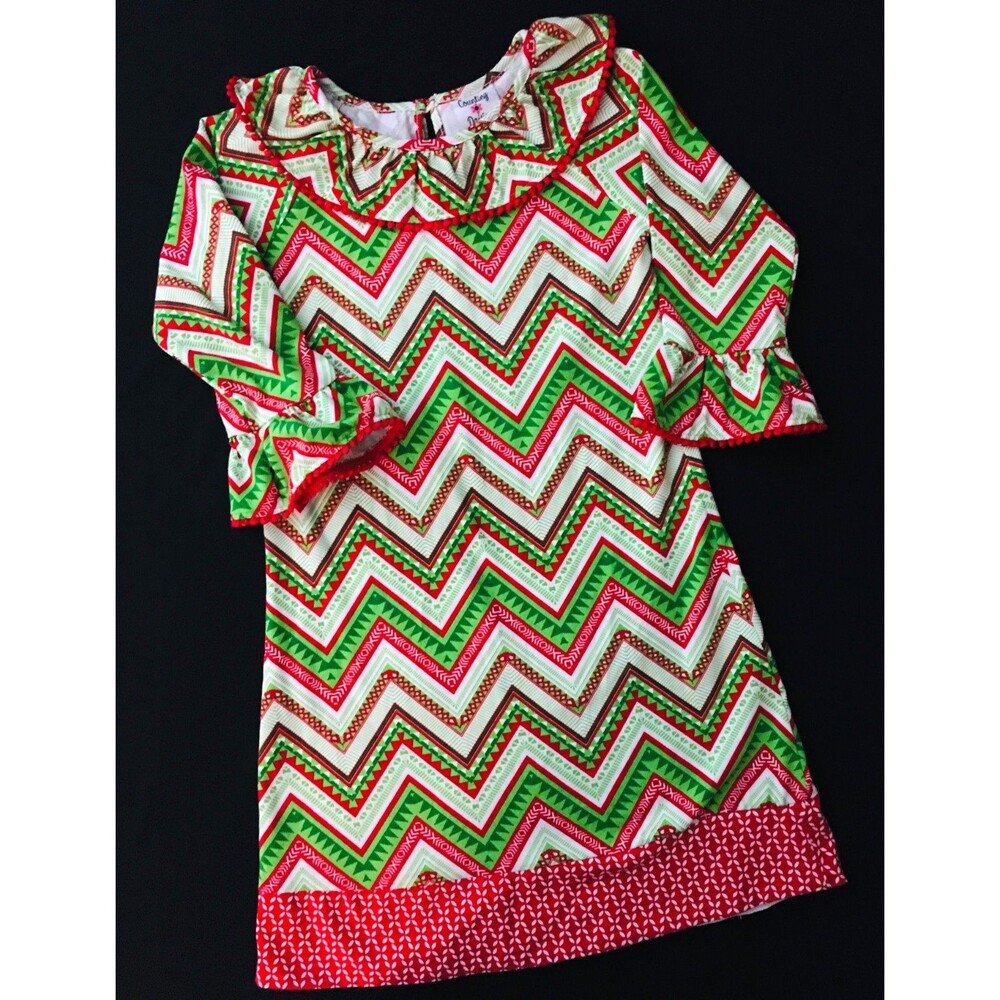 Counting Daisies Boutique Christmas Dress Girls 12 Red & Green Zig-Zag Fun Print